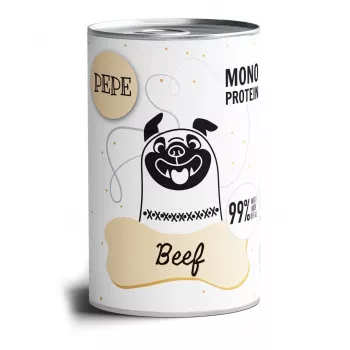 Mokra karma dla psów PAKA ZWIERZAKA Pepe Beef 400 g — kompletna karma w puszce dla dorosłych psów, 86% wilgotności