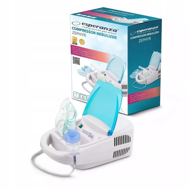 Nebulizator stołowy siateczkowy ESPERANZA ECN002 — nebulizacja 0,4 ml/min, pojemność 10 ml, maski dla dorosłego i dziecka, ustnik, 220 V