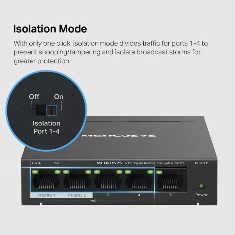 Mercusys 5-portowy gigabitowy przełącznik biurkowy z 4 portami PoE+