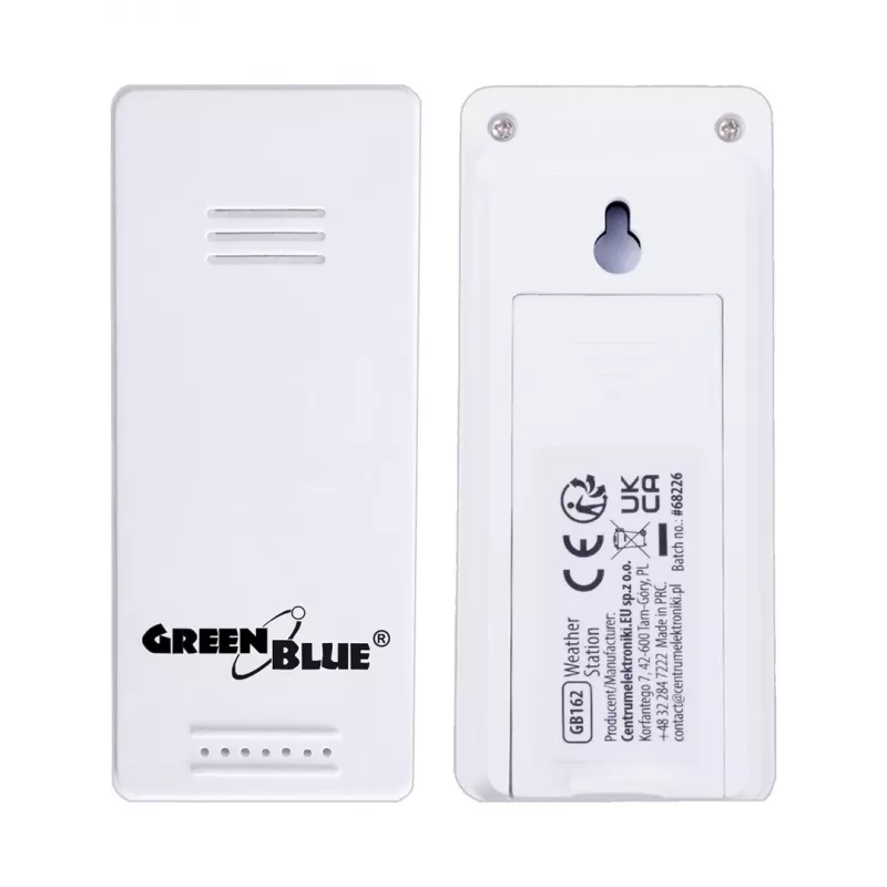 Bezprzewodowa stacja pogodowa GreenBlue, temperatura wewn./zewn., zegar, wybór °C/°F, zasięg do 60 m, GB162