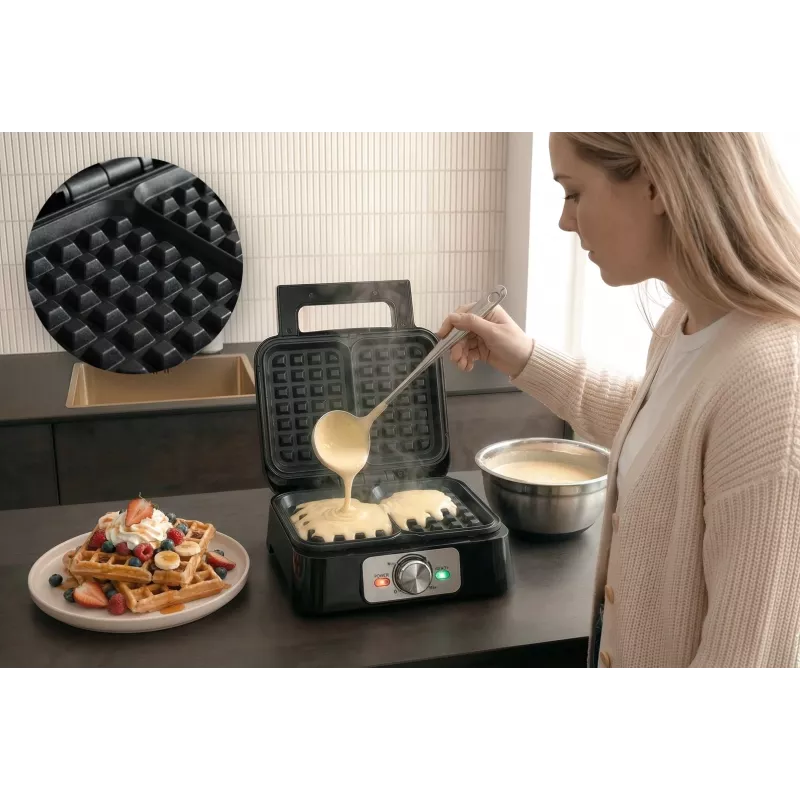 Gofrownica PROMIS WAP1600 — 2-porcjowe prostokątne płyty, 1200 W, nieprzywierająca powłoka, termostat, uchwyt chłodny w dotyku, wskaźniki LED