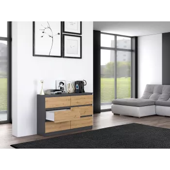 Komoda top e shop M6 120 — antracyt/dąb, 6 szuflad, 1200×300×770 mm, płyta wiórowa