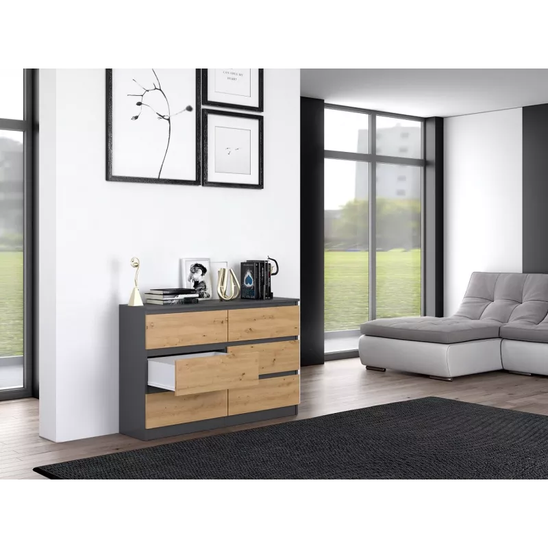 Komoda top e shop M6 120 — antracyt/dąb, 6 szuflad, 1200×300×770 mm, płyta wiórowa
