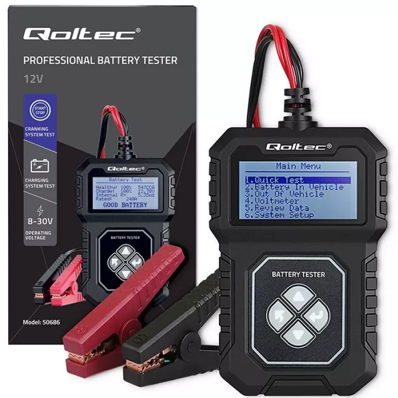 Cyfrowy tester akumulatorów Qoltec z wyświetlaczem LCD | Menu w języku polskim | 12V | AGM | GEL | STD | 30-220AH