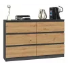 Komoda top e shop M6 120 — antracyt/dąb, 6 szuflad, 1200×300×770 mm, płyta wiórowa