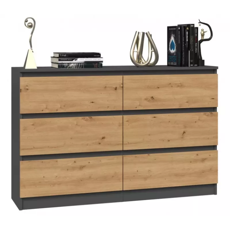 Komoda top e shop M6 120 — antracyt/dąb, 6 szuflad, 1200×300×770 mm, płyta wiórowa