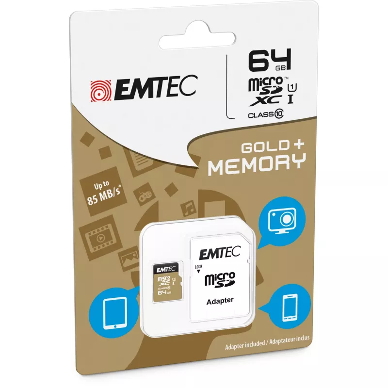 EMTEC Gold+ - Karta pamięci flash (z adapterem SD) - 64GB - Klasa 10 - microSD - Złota (ECMSDM64GXC10GP)