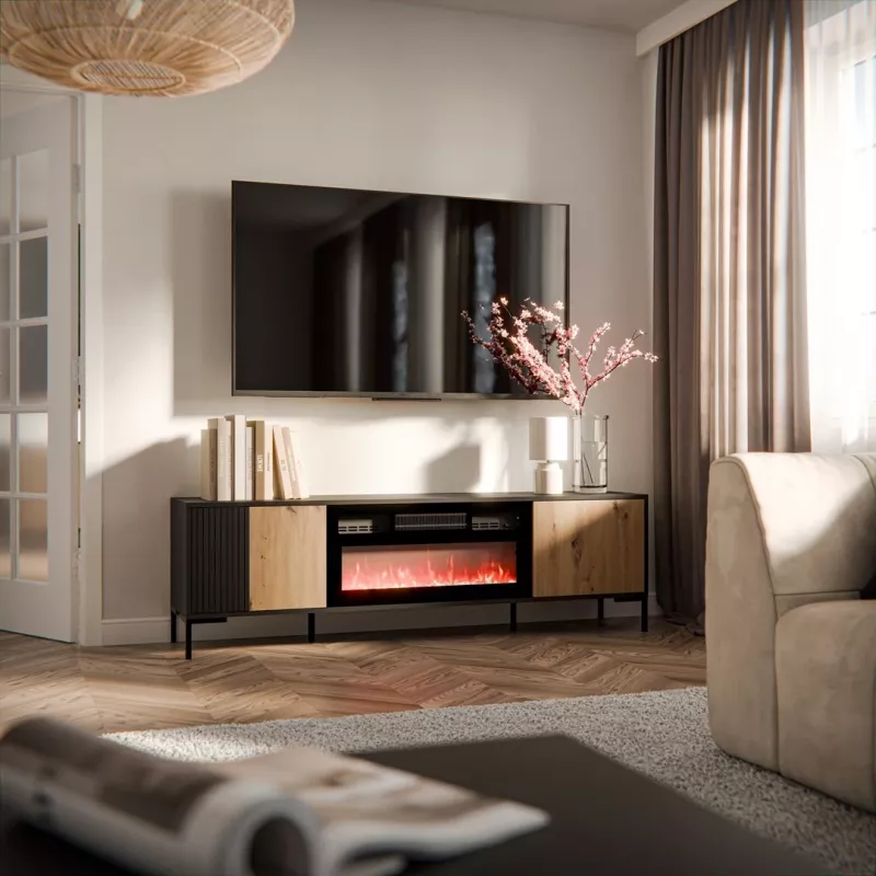 Szafka TV cama meble MERCI z kominkiem, 180 x 40 x 53,5 cm, czarny blat, rama dąb artisan