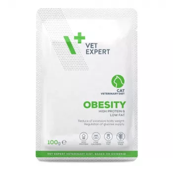 Mokra karma dla kota VETEXPERT Obesity Chicken 100 g — dieta weterynaryjna dla dorosłych kotów z nadwagą, saszetka jednorazowa