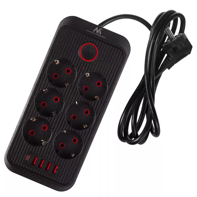 Listwa zasilająca MACLEAN MCE389 B — 6 gniazd, 4×USB-A + 1×USB-C, 110–240 V, 2,1 A, 2500 W, kabel 1,5 m, czarna