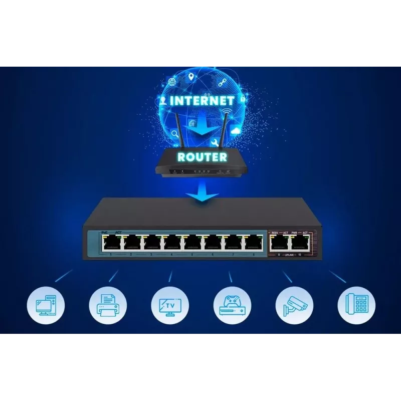 Przełącznik Extralink PoE CERES 8x 100Mb/s PoE/PoE+, 2x RJ45 Uplink 100Mb/s, 96W