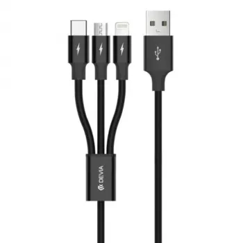 Kabel USB 3 w 1 do ładowania i transmisji danych Devia Kintone Series — Lightning, Micro-USB, USB-C, 1,2 m, czarny