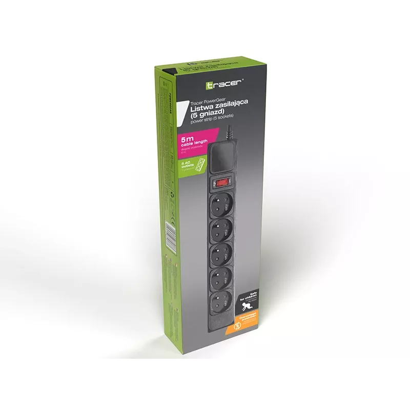 Listwa przeciwprzepięciowa TRACER PowerGear Tracer 47138 5 m czarna listwa zasilająca z kablem 5 m
