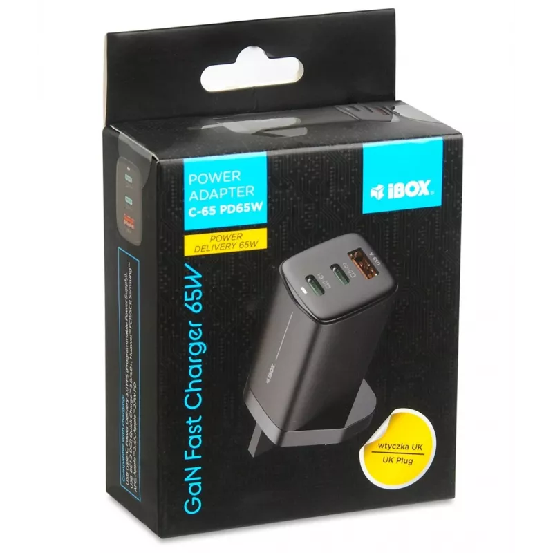 iBOX C-65 Czarny, uniwersalna ładowarka GaN 65W, wtyczka UK
