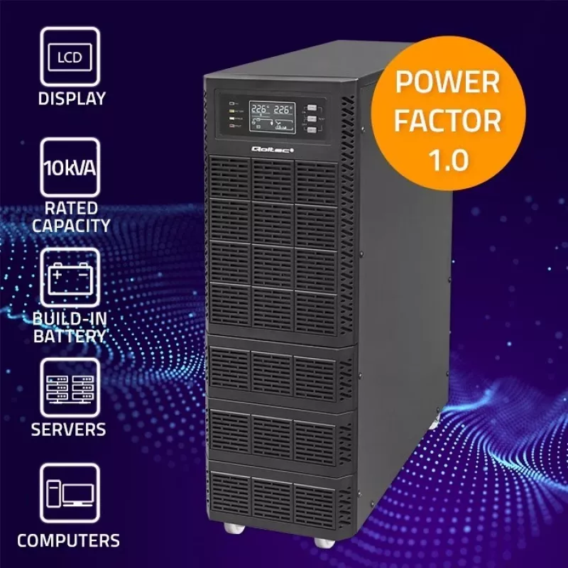 Qoltec 52284 Zasilacz awaryjny UPS | 10kVA | 10000W | Współczynnik mocy 1.0 | LCD | EPO | USB | On-line