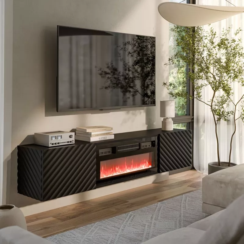 TV cabinet Cama Meble LARA 183x35x37 cm Czarny matt with built-in electric fireplace