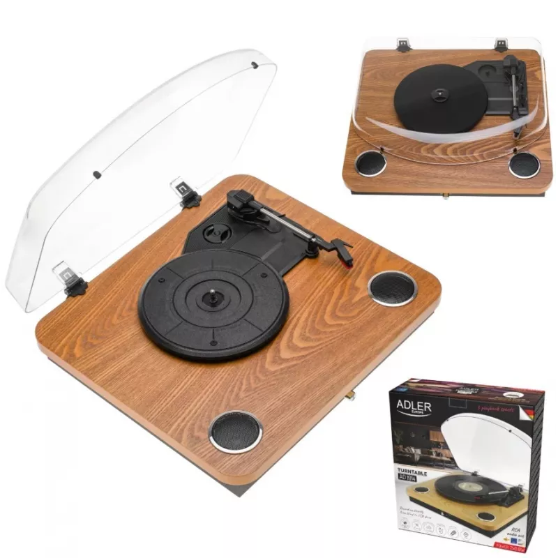 Gramofon analogowy z napędem paskowym Adler AD 1914 z portem USB, talerzem ceramicznym, silnikiem prądu stałego, prędkością 33 1/3 obr./min, Bluetooth 5.4, wyjściami RCA, wbudowanymi głośnikami