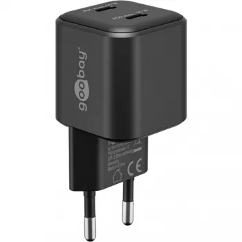 Ładowarka ścienna GOOBAY 75333 — uniwersalna wewnętrzna ładowarka AC USB-C, 2x USB-C, 35 W, czarna