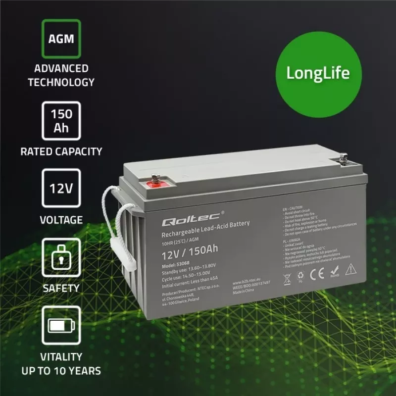 Qoltec 53068 Akumulator AGM | 12V | 150Ah | maks. 2250A