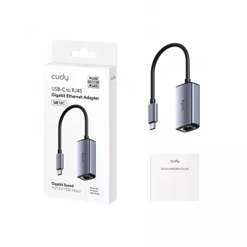 Adapter USB-C do Gigabit Ethernet Cudy UE10C, wtyk USB Type-C męski do gniazda RJ-45 żeńskiego, 10/100/1000 Mbps, obudowa aluminiowa