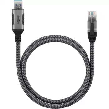 Kabel Ethernet USB-A 3.2 Gen1 Wtyk > RJ-45 Wtyk, Adapter LAN czarny/srebrny, 1,5 metra, pleciony oplot tekstylny