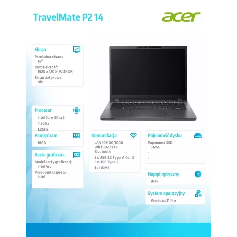 Laptop Acer TravelMate P2 TMP214-75-G3-TCO 14 cali WUXGA IPS, Intel Core i5-125H, 16GB RAM, 512GB SSD, czytnik linii papilarnych, SmartCard, Windows 11 Pro, 3 lata gwarancji onsite NBD