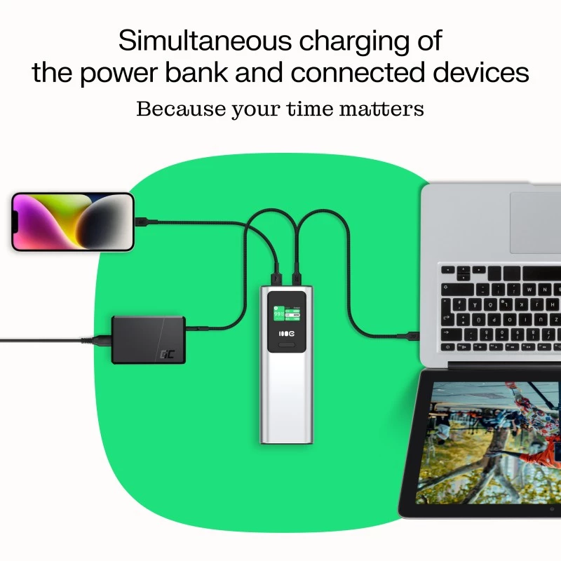 Przenośny akumulator Green Cell PBGC25UD, 25200 mAh, Li‑Ion, 140 W mocy całkowitej, 2× USB‑C + 1× USB‑A, wyświetlacz OLED, aluminiowa obudowa