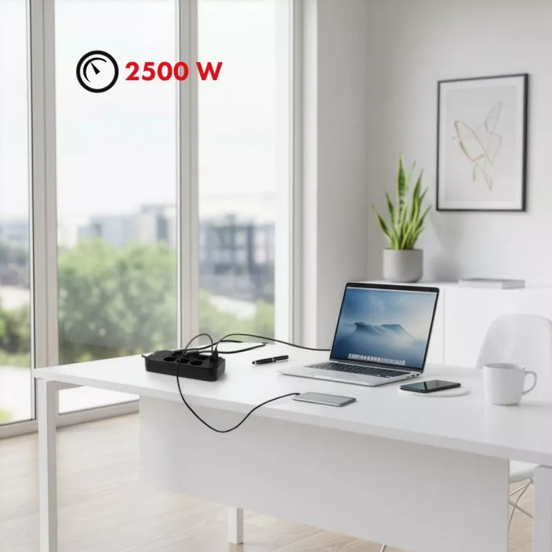 Listwa zasilająca MACLEAN MCE391 B – 6 gniazd, 4×USB-A + 1×USB-C, 110–240V, 2500W, kabel 3 m, czarna