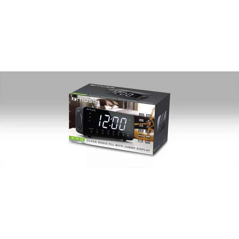 Zegar radiowy Muse M-192 CR — zegar cyfrowy, tuner FM, wyświetlacz LED 1,8 cala, czarne drewno, zasilanie AC 100–240 V, bateria zapasowa AAA