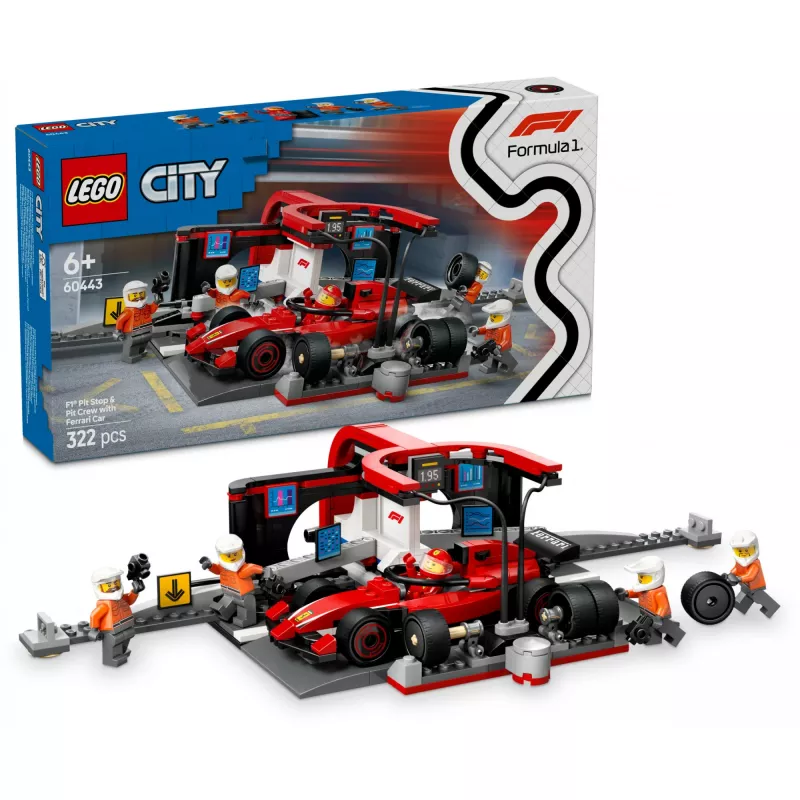 LEGO City F1 Pit Stop zestaw 60443 — Ferrari F1 samochód, 322 elementy, 5 minifigurek, wiek 6+