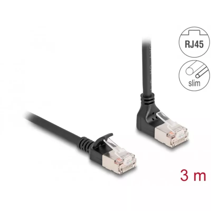 Kabel sieciowy DeLOCK RJ45 Cat.6A S/FTP cienki 90° 3 m Czarny
