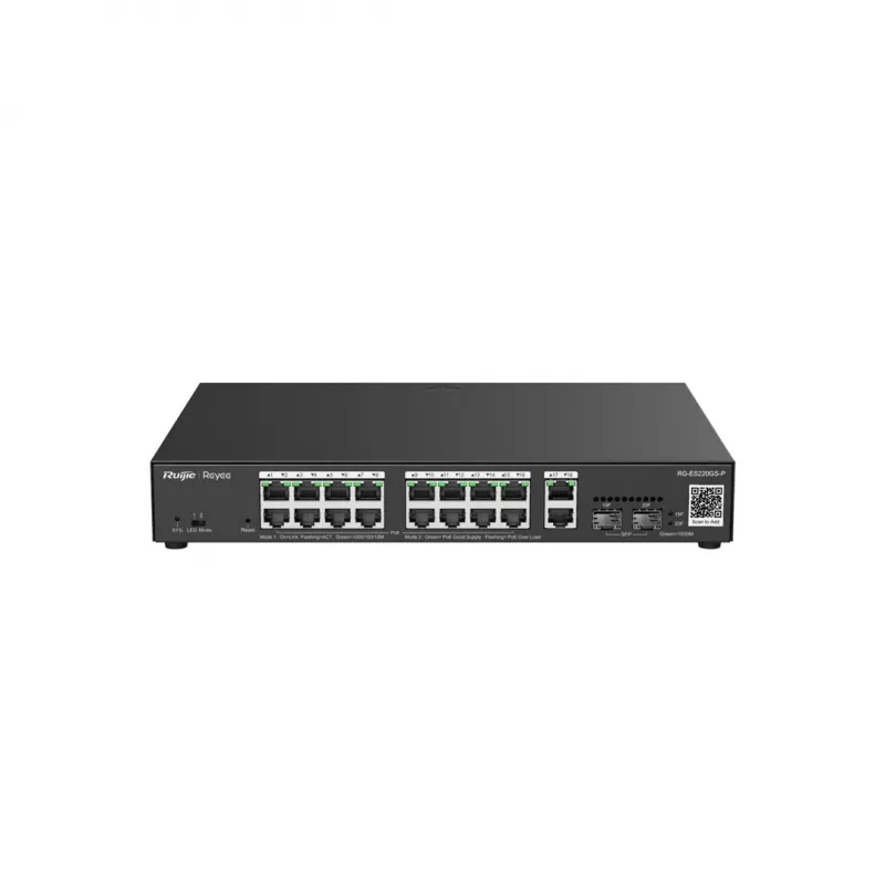 Zarządzalny przełącznik Gigabit PoE L2 Ruijie RG-ES220GS-P — 18× Gigabit (10/100/1000), IEEE 802.3af/at, 40 Gbit/s, czarny