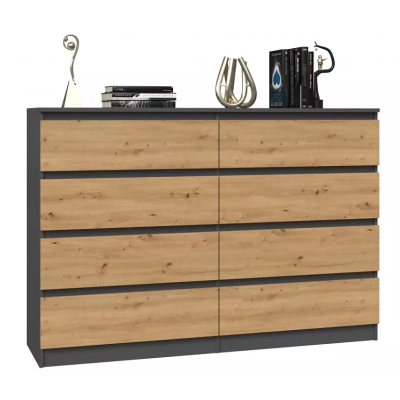 Komoda Top e shop M8 140 ANT/ART — 8 szuflad, Antracyt/Dąb, 1380×400×970 mm, Płyta wiórowa