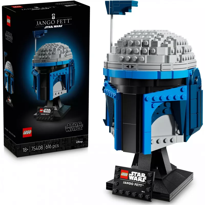 Kolekcjonerski kask LEGO Star Wars Jango Fett 75408 — 616 elementów, model do ekspozycji 210×120×110 mm