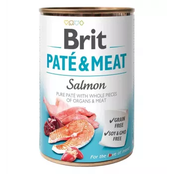 Mokra karma dla psa Brit Paté & Meat with Salmon 400 g — pełnoporcjowy posiłek w puszce dla dorosłych psów, 75% wilgotności, 11% białka, 9% tłuszczu