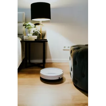 Robot odkurzający BLAUPUNKT RVC201 — okrągły, biały, bezworkowy pojemnik na kurz 0,5 l, czas pracy 55 min