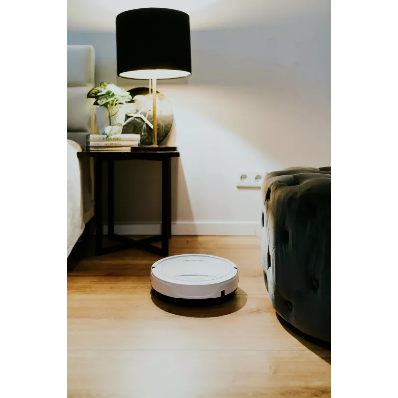 Robot odkurzający BLAUPUNKT RVC201 — okrągły, biały, bezworkowy pojemnik na kurz 0,5 l, czas pracy 55 min