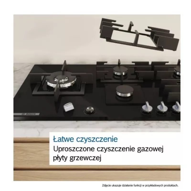 Zabudowywana płyta gazowa Bosch PPP6A2I40, 4 strefy, ruszty żeliwne, czarna, 590×520×54 mm, sterowanie pokrętłami obrotowymi