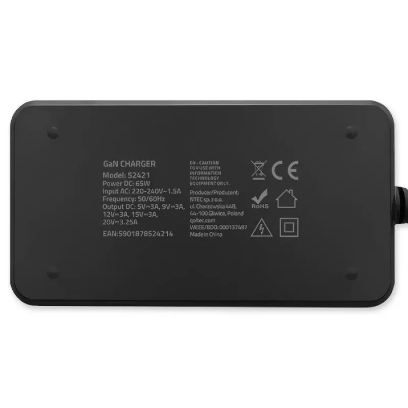 QOLTEC Charger 65W GaN Super Fast cienki PD 5-20V 3.25A USB-C