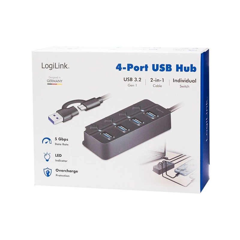 Koncentrator USB 3.2 Gen1, 4xUSB-A z przełącznikami