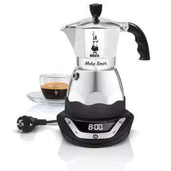 Elektryczny ekspres moka BIALETTI na 3 filiżanki Moka Timer, programowalny wyświetlacz LED, aluminiowa obudowa, zbiornik dzbanka
