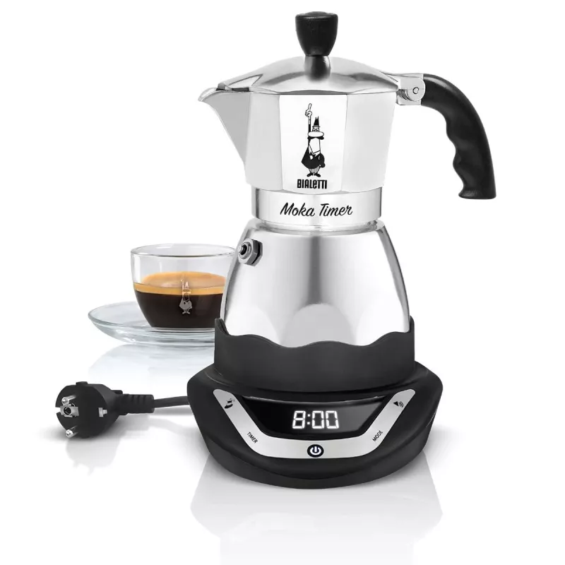 Elektryczny ekspres moka BIALETTI na 3 filiżanki Moka Timer, programowalny wyświetlacz LED, aluminiowa obudowa, zbiornik dzbanka