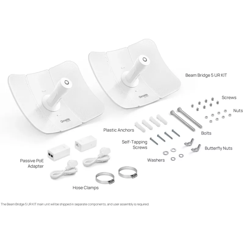 Mostek sieciowy TP-LINK Beam Bridge 5 UR KIT, 5 GHz single-band, Wi‑Fi 5 (802.11ac), Gigabit Ethernet, antena zewnętrzna, maks. zasięg 15000 m, biały