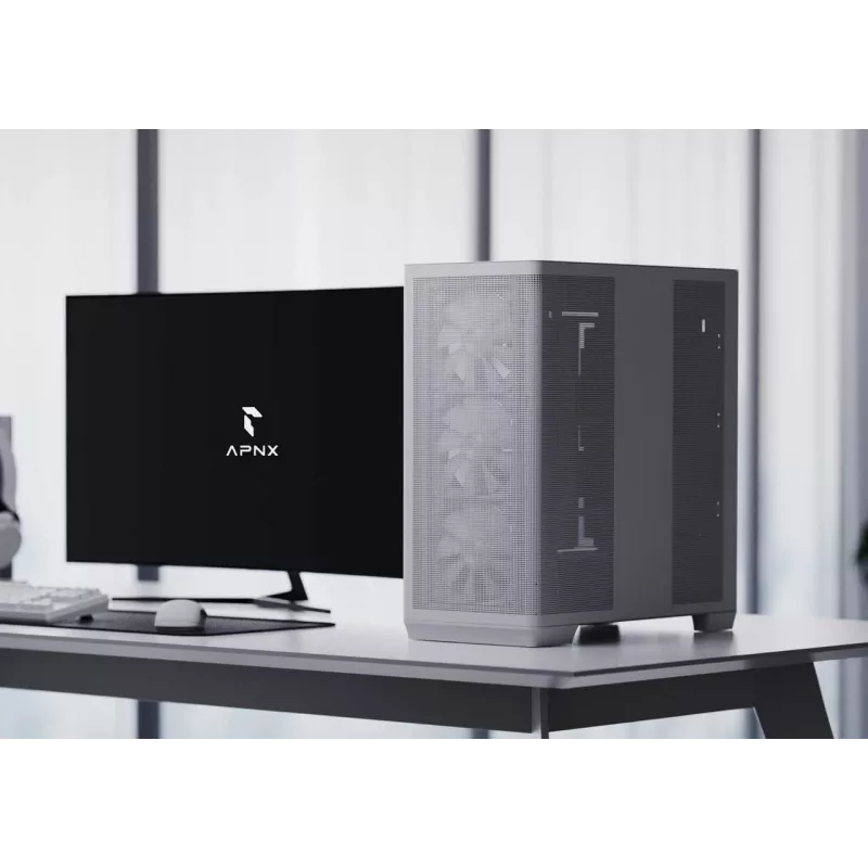 APNX PC Midi Tower C1-R-WT-v1 — Biały, obsługuje ATX/Micro-ATX/Mini-ITX, zainstalowane 3 wentylatory przednie 120 mm, 3 zatoki 3,5 cala + 3 zatoki 2,5 cala, 2x USB 3.2 Gen1