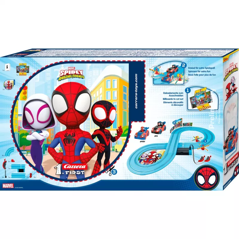 Zestaw samochodów na tor szczelinowy CARRERA FIRST Spidey 20063049 — dziecięcy tor wyścigowy dla początkujących