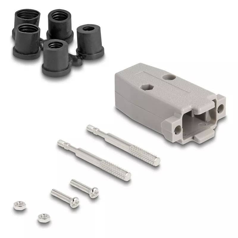 Osłona kabla DELOCK D-Sub plastikowa obudowa dla wtyków 9-pinowych męskich/żeńskich z uszczelkami gumowymi, szara, 31,2×47,9×16,6 mm