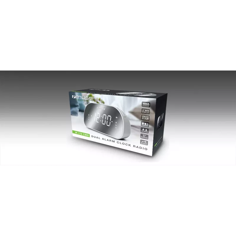 Zegar radiowy Muse M-170CMR — cyfrowy zegar radiowy, wyświetlacz LED 1,2 cala, FM, AC 230V, zapasowe AAA, lustro/biały