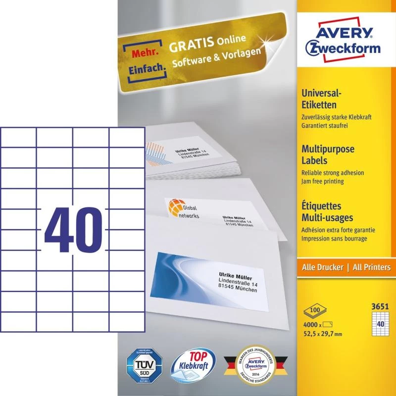 Etykiety uniwersalne Avery Zweckform 3651 52,5 x 29,7 mm 100 arkuszy białe