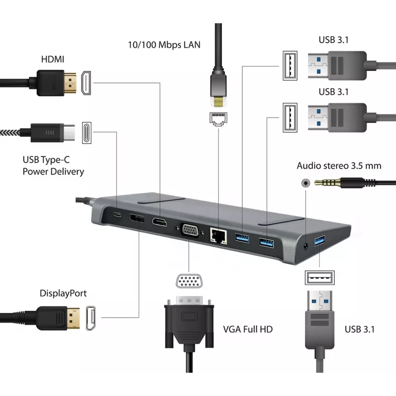 Stacja dokująca do laptopa Gembird A-CM-COMBO9-02 USB 3.2 Gen 1 Type-C, HDMI, VGA, 3×USB-A, Gigabit Ethernet, 87 W PD, szara