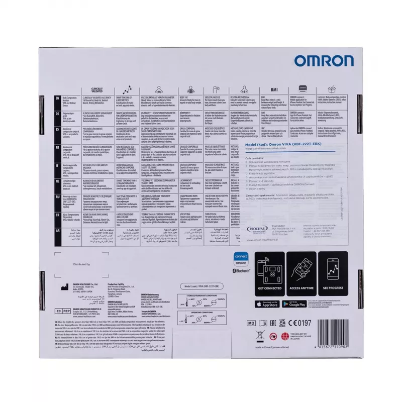 Elektroniczna waga osobista Omron VIVA — kwadratowa, czarna, maks. 150 kg, dokładność 100 g, tkanka tłuszczowa/BMI/BMR, pamięć dla 30 użytkowników